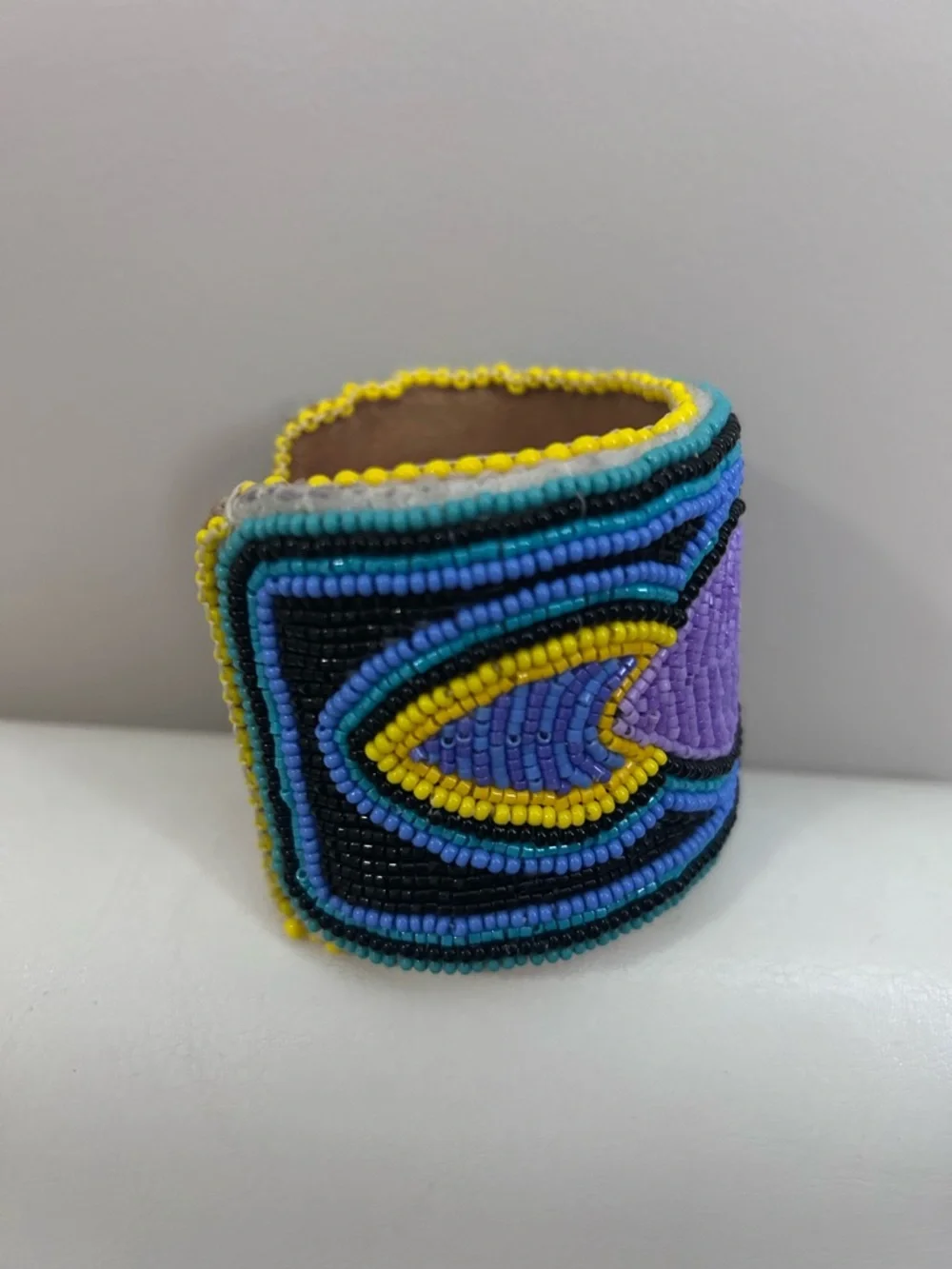 Handmade Adjustable Beaded Floral Cuff Bracelet - Purple & Yellow - Picture 4 of 9